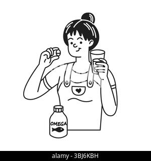 Illustration of a woman taking omega supplement with a cheerful expression. She holds a glass of water and a capsule. Black and white style for health Stock Vector