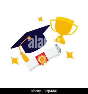 Dark Blue Graduation Cap with Gold Tassel, Diploma with Red Seal, and Yellow Trophy for Achievement Stock Vector