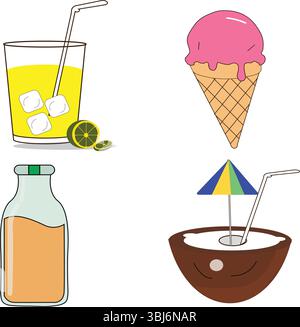Summer Refreshments, Lemonade, Ice Cream, Juice Bottle, Coconut Drink Stock Vector