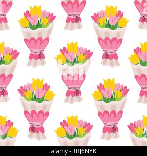 Seamless pattern with bouquet of pink and yellow tulip in cartoon flat style, arranged in polka dot order on white background. Cheerful floral design Stock Vector