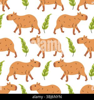 Cartoon flat style seamless pattern with adorable kawaii capybara and exotic leaf in polka dot layout on white background. Fun and playful nature them Stock Vector
