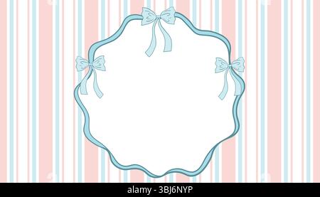 Horizontal poster with pink and blue vertical stripe and blue ribbon frame with bow in cottagecore style on white background. Soft, charming design pe Stock Vector