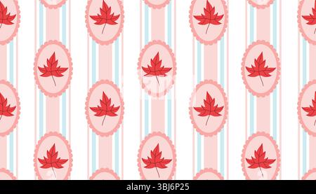 Seamless pattern with pink and blue vertical stripe and red autumn maple leaf in scalloped frame, polka dot order, cottagecore style on white backgrou Stock Vector
