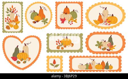 Set of scalloped heart, round, and rectangle frames with autumn harvest still life inside. Pumpkins, leaaves, mushrooms in cartoon style. Cozy seasona Stock Vector