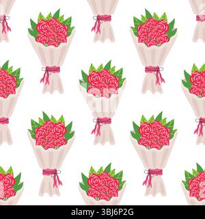 Seamless pattern with bouquet of red rose in cartoon flat style, arranged in polka dot order on white background. Romantic floral design perfect for f Stock Vector