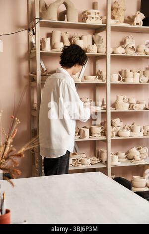 A trendy man examines unique pottery pieces in a vibrant studio full of artistic inspiration. Stock Photo