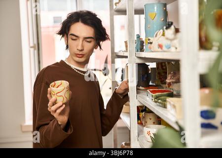 Artistic expression flourishes as a man examines a colorful ceramic piece in a pottery studio. Stock Photo