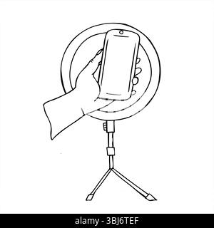 Hand holding smartphone in front of ring light vector illustration painted by black inks. Home video shooting graphic sketch for social media content Stock Vector