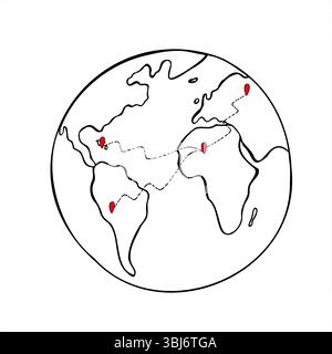Minimalist vector globe with abstract continents and random red location markers. Global and data visualization, world internet network graphic sketch Stock Vector