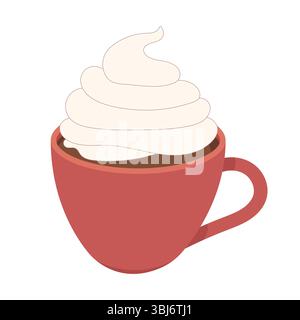 Cup of Hot Chocolate with Whipped Cream. This is a red ceramic cup filled with hot chocolate and topped with a generous swirl of whipped cream. Stock Vector