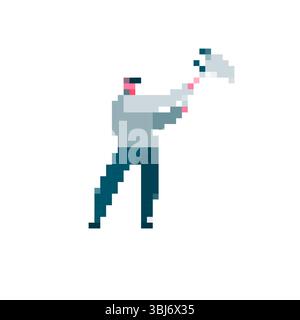 Mosaic pixel art character holding hammer in vibrant retro sprite style design Stock Vector