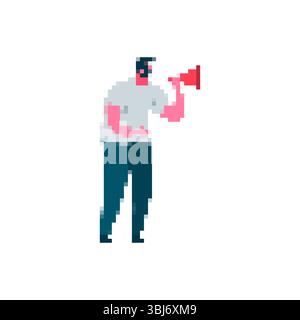 Mosaic icon of man with megaphone in pixel art style for fun communication Stock Vector