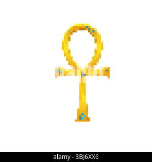 Mosaic pixel art ankh icon with a retro sprite style and vibrant yellow color depiction Stock Vector