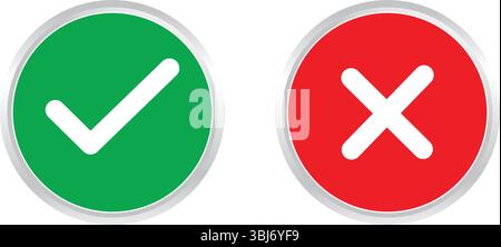Check Mark and Cross Mark Icons – Red and Green Vector Symbols for UI/UX, Validation, and Error States Stock Vector