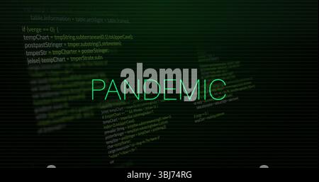 Displaying neon green PANDEMIC text scrolling across black terminal interface, with code fragments Stock Photo