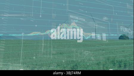 Displaying open grassland under pale sky, overlaying grid and waveform charts with data panels Stock Photo