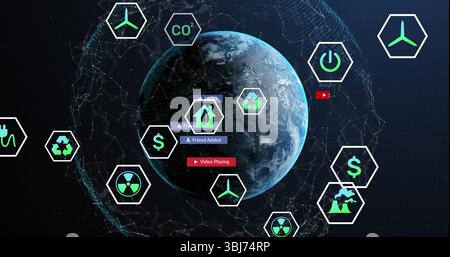 Displaying digital globe showing clouds floating in dark space, with hexagonal UI network icons Stock Photo