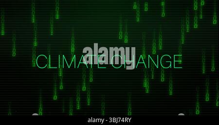 Streaming green binary code around glowing CLIMATE CHANGE text in digital matrix, with neon effect Stock Photo