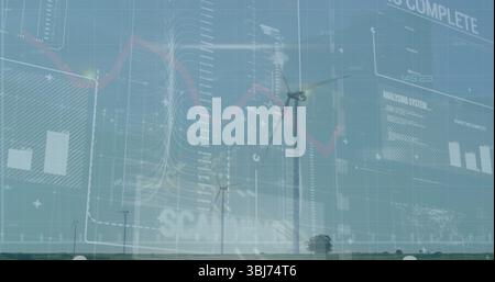 Displaying three-blade wind turbine rotating on plain, with UI panels showing data charts Stock Photo