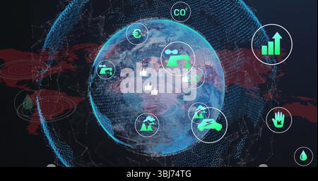 Displaying dotted globe graphic rotating in dark data dashboard, with CO?, factory, car icons Stock Photo