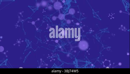 Showcasing blue network nodes linking with lines in digital grid, lit purple spheres with molecules Stock Photo