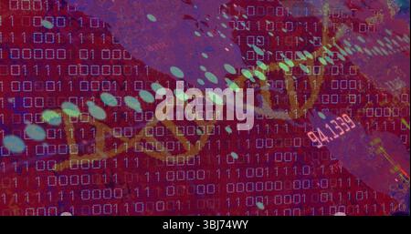Displaying twisting DNA helix in virtual lab, with binary grid, data nodes and numeric display Stock Photo