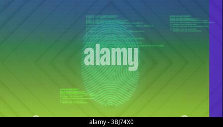 Floating fingerprint graphic across security display, with code blocks, diamond grid and purple bar Stock Photo