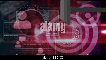 Displaying circular radar overlay with user profile silhouette in virtual dashboard, with waveforms Stock Photo
