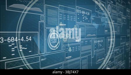 Dashboard displaying panels with graphs and data readouts, reticles and maps on control panel Stock Photo