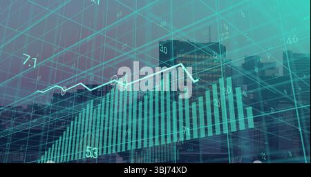 Displaying financial dashboard with 3D grid over city skyline, teal bar chart and white line graph Stock Photo