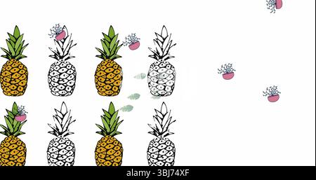 Displaying stylized pineapple pattern on white canvas with pink pots and green leaves, copy space Stock Photo