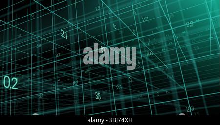 Rendering intersecting teal grid lines floating in dark virtual data space, with numeric labels Stock Photo