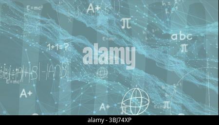 Displaying network mesh nodes streaming in virtual environment, with floating mathematical formulas Stock Photo