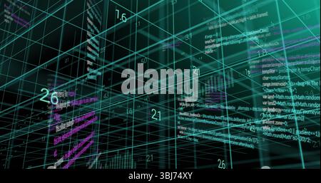 Displaying glowing turquoise 3D grid in dark virtual space, with floating numeric labels and code Stock Photo