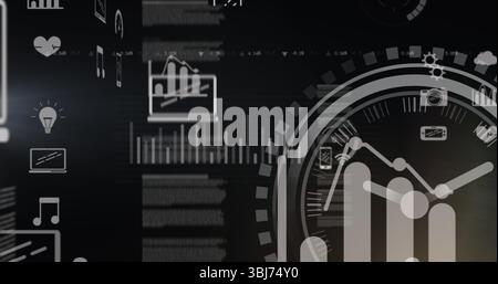 Displaying digital dashboard with data charts, circular gauge, and floating icons on dark interface Stock Photo