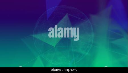 Floating translucent mesh sphere hovering in data network interface, with glowing triangular facets Stock Photo