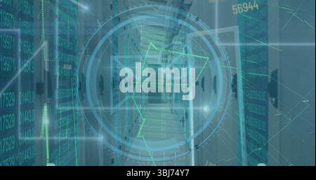 Projecting circular hologram streaming data in server rack corridor, blinking indicator lights Stock Photo
