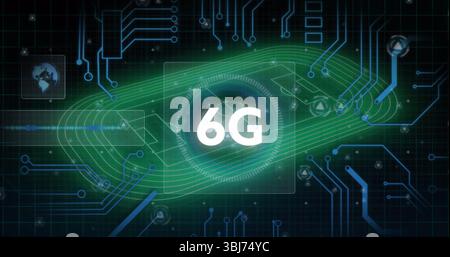Displaying central 6G graphic glowing on grid background, with green track, lines and network icons Stock Photo