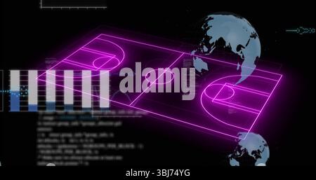 Floating neon purple 3D basketball court wireframe in UI, with scrolling code, bars, globe and axes Stock Photo