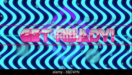 Displaying GET READY! text over glitch-tech screen, with icons of magnifying glass and laptop Stock Photo
