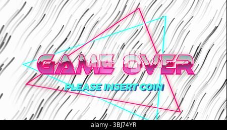 Displaying arcade screen showing pink GAME OVER and cyan PLEASE INSERT COIN with neon triangles Stock Photo