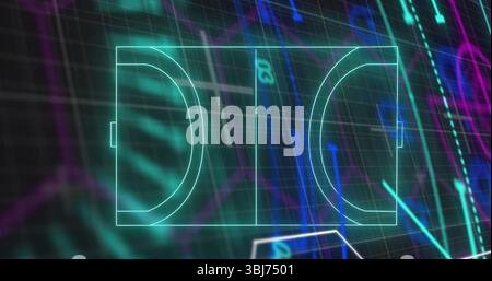 Displaying neon turquoise basketball half court outline on interface, with gridlines and charts Stock Photo