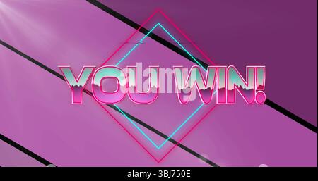 Displaying YOU WIN! text and diamond frame in neon backdrop, with diagonal black stripes, flare Stock Photo