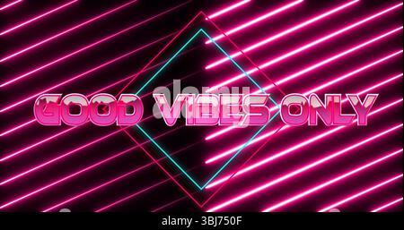 Glowing neon sign displaying GOOD VIBES ONLY text in club, with diamond frame and neon stripes Stock Photo