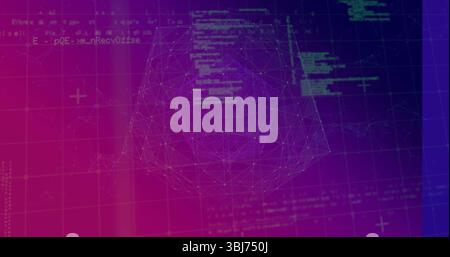 Displaying 3D wireframe polyhedron hovering over grid in UI, with floating code and plus markers Stock Photo