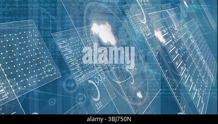 Displaying holographic panels floating in digital workspace with gauges, map outline, code streams Stock Photo