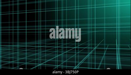 Displaying teal 3D grid network receding into digital gridscape, showing illuminated planes Stock Photo