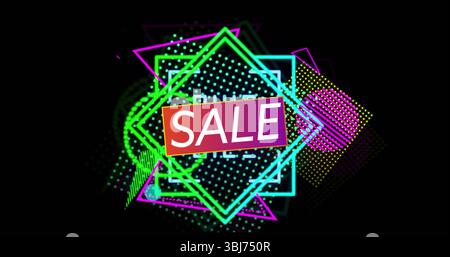 Displaying central gradient sale sign on black canvas, featuring pulsing neon shapes, dot patterns Stock Photo