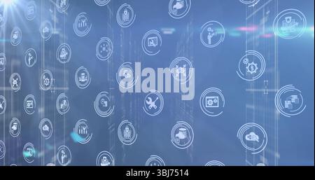 Displaying floating icons overlaying server racks, with cloud chart and security symbols Stock Photo