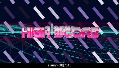 Displaying stylized text HIGH SCORE glowing over neon grid in retro space, with diagonal color bars Stock Photo